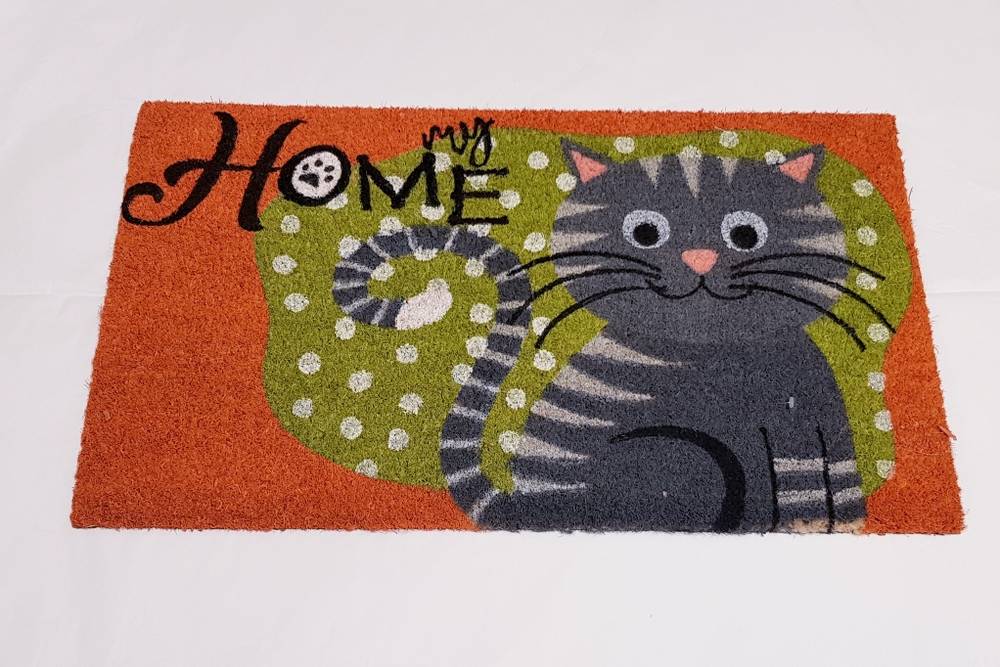 Zerbino cocco ingresso Gatto grigio Home fondo arancio 70x40