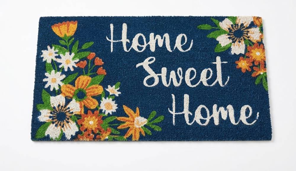 Zerbino cocco ingresso fiori Home sweet home fondo blue 70x40