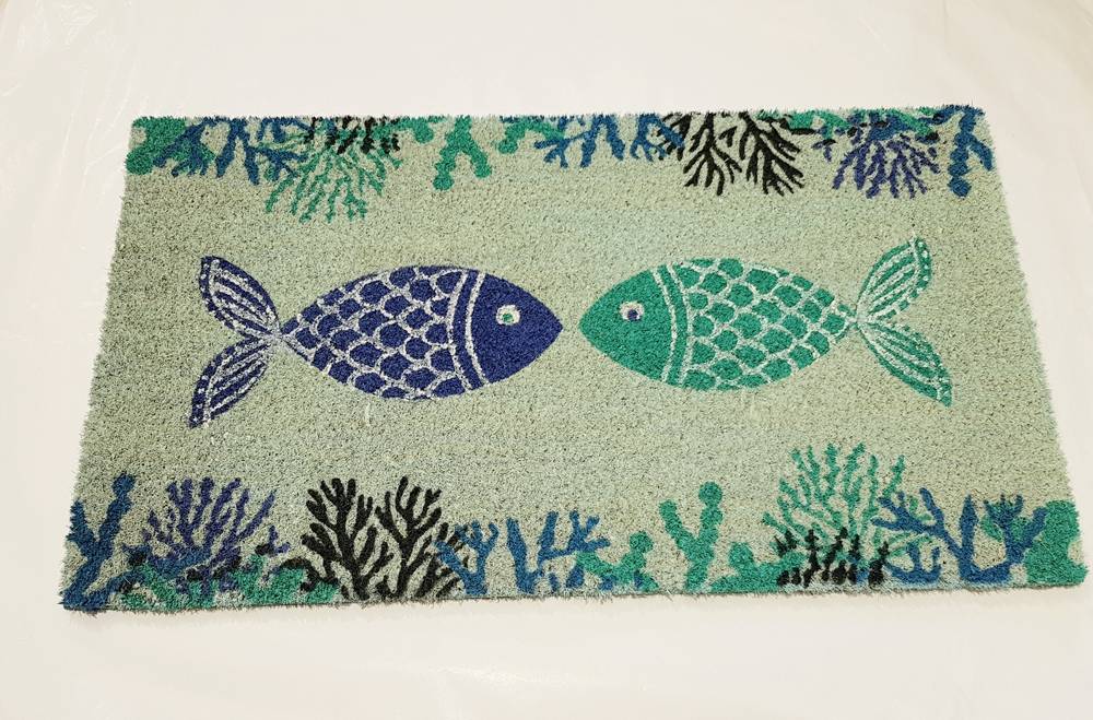 Zerbino cocco ingresso marinaro verde acqua due pesci bordo coralli 70x40