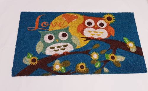 Zerbino ingresso cocco Gufi Love su ramo fondo blu 70x40