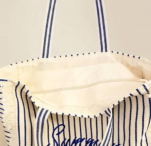 Borsa mare Summer cotone bianca righe blue a spalla con pochette
