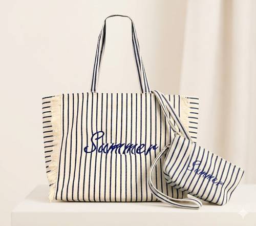Borsa mare Summer cotone bianca righe blue a spalla con pochette