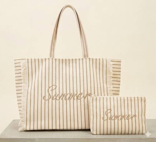 Borsa mare Summer cotone bianca righe ecru a spalla con pochette