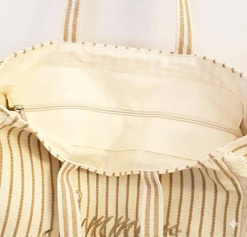Borsa mare Summer cotone bianca righe ecru a spalla con pochette