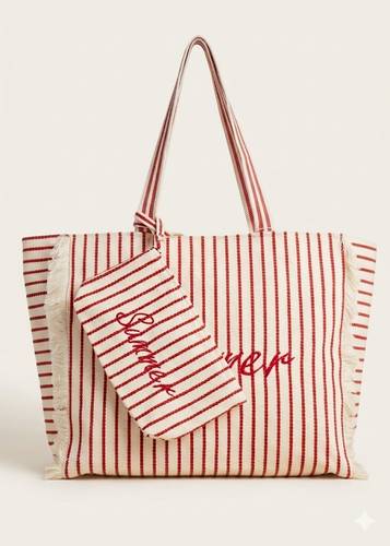 Borsa mare Summer cotone bianca righe rosse a spalla con pochette