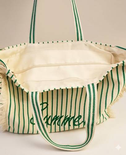 Borsa mare Summer cotone bianca righe verdi a spalla con pochette