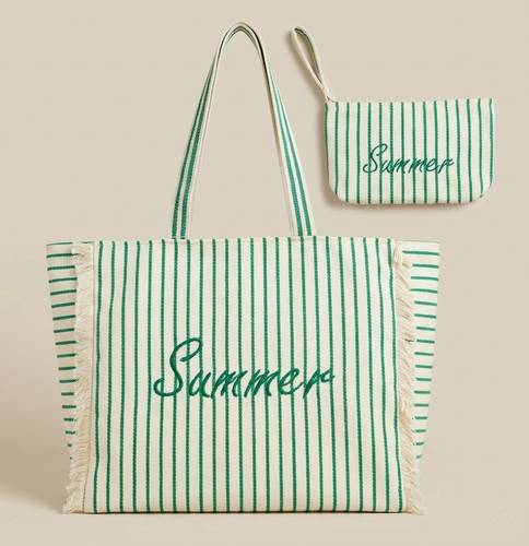Borsa mare Summer cotone bianca righe verdi a spalla con pochette