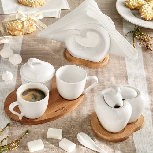 Set coffee porcellana bianca 2 tazzine e zuccheriera con piattino bamboo