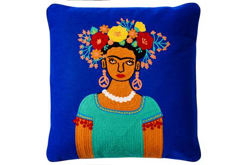 Cuscino Embroidery folk art blu donna con sombrero di fiori 50x50