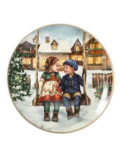 Piatto Cuccioli Natale 2026 bimbi in altalena porcellana cm 30