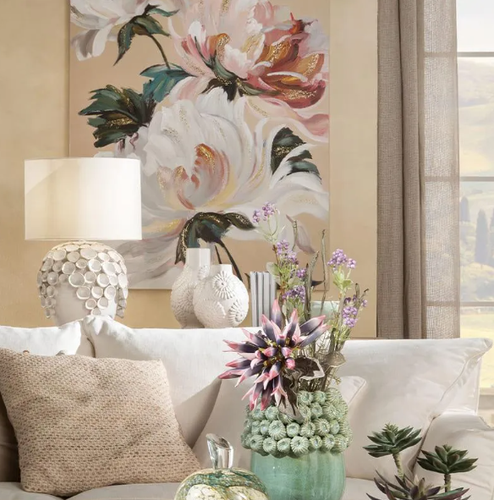Quadro fiori bianchi su sfondo rosa cipria dipinto 90x120h