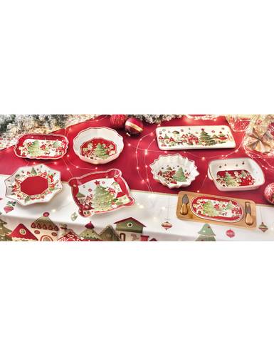 Tagliere legno rettangolare con ceramica natale Villaggio in Festa con coltelli formaggio