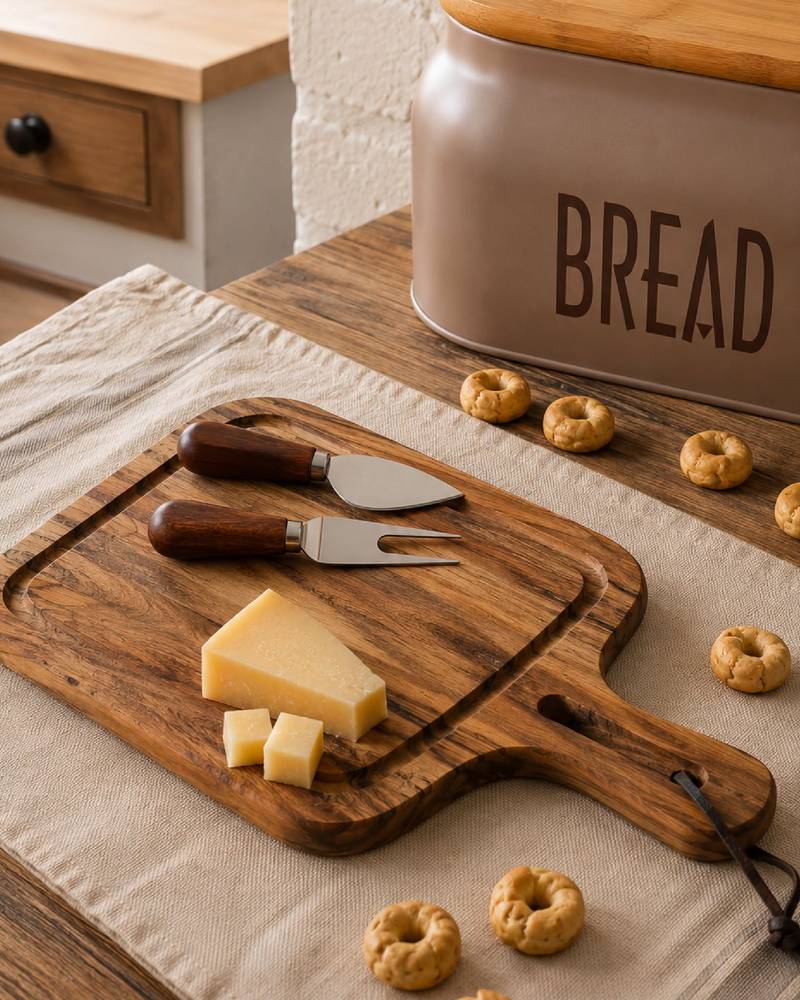 Tagliere legno acacia con 2 coltelli formaggio
