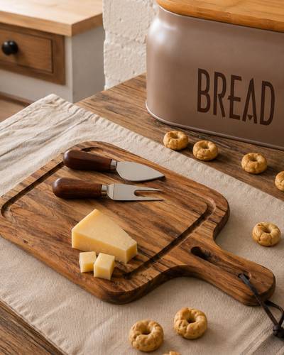Tagliere legno acacia con 2 coltelli formaggio