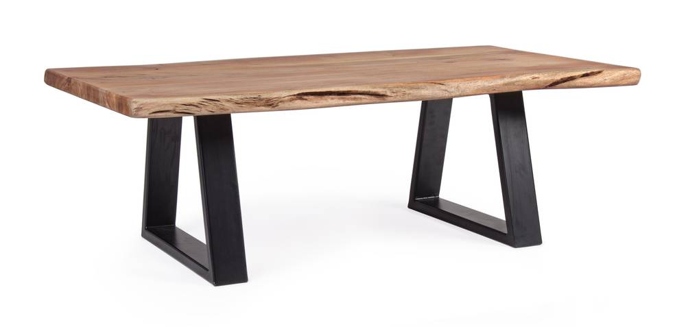 Tavolino salotto piano acacia piedi acciaio nero 115x65